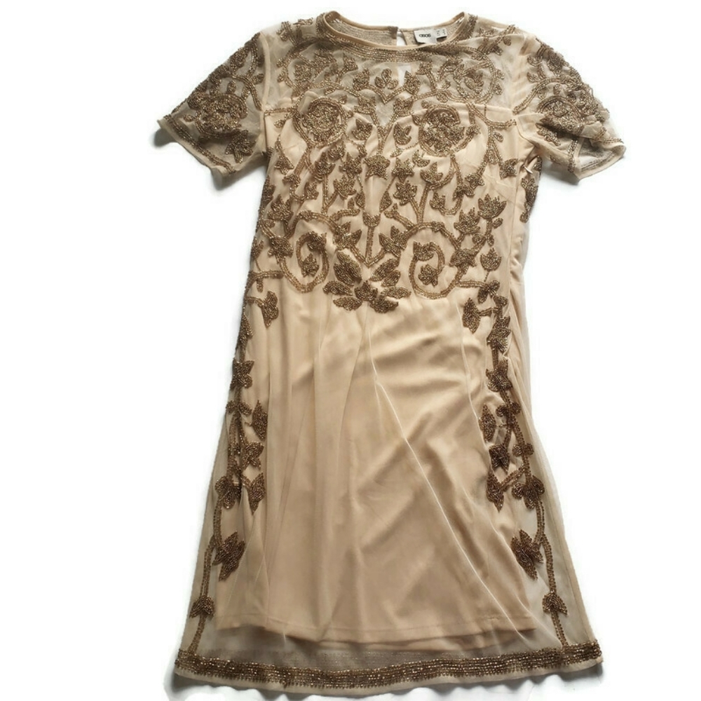 Asos Short Sleeve Party Dress Gold Beading Size 8